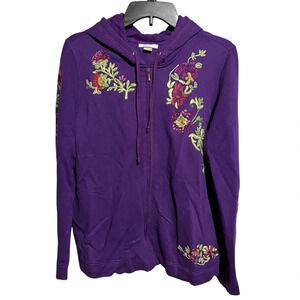 Sara Studio Embroidered Floral Purple Full Zip Sweatshirt Size Large